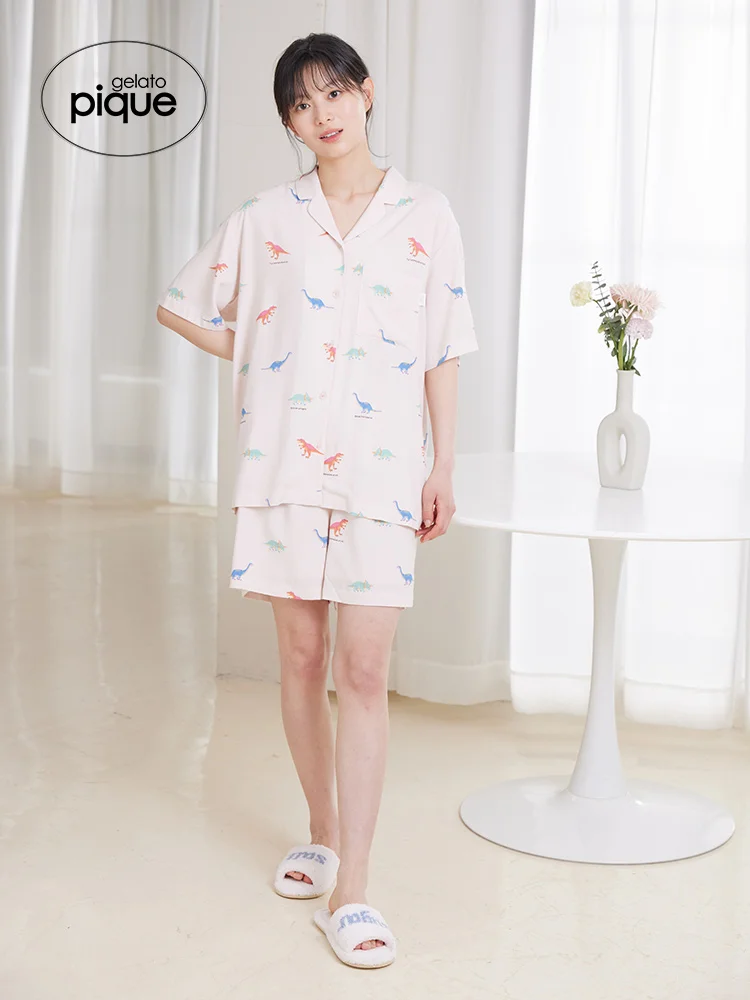 Loungwear Room Wear Ladies Gelato Pique Summer Women's Pajamas Satin Color Dinosaur Shirt Cool Feeling Sleepwear