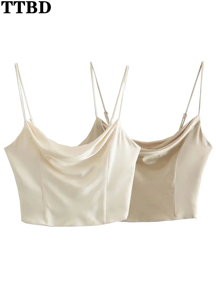 

TTBD crop top traf Women 2022 fashion flowing collar satin cropped tank tops vintage adjustable thin straps female camis mujer