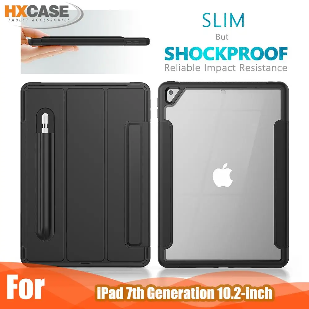 

HXCASE Newest transparent back cover case for ipad 7th generation case leather smart cover for ipad 10.2 2019 with pencil holder