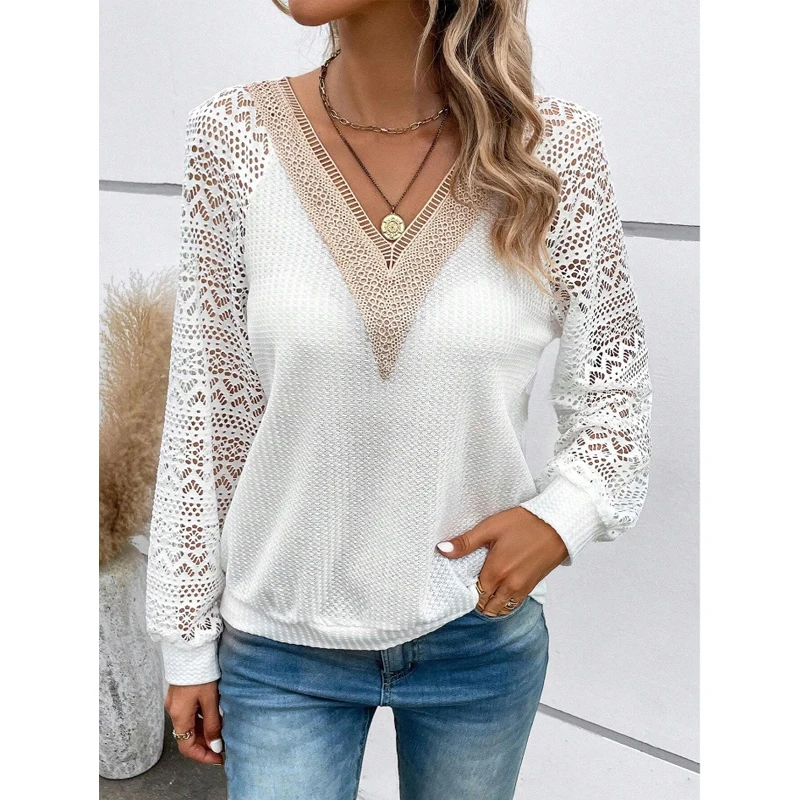 

V-Neck Lace Spliced Long Sleeve Perspective Blouse Vintage Elegant Women Hollow Autumn Shirt Casual White Tshirt Loose Top 28410