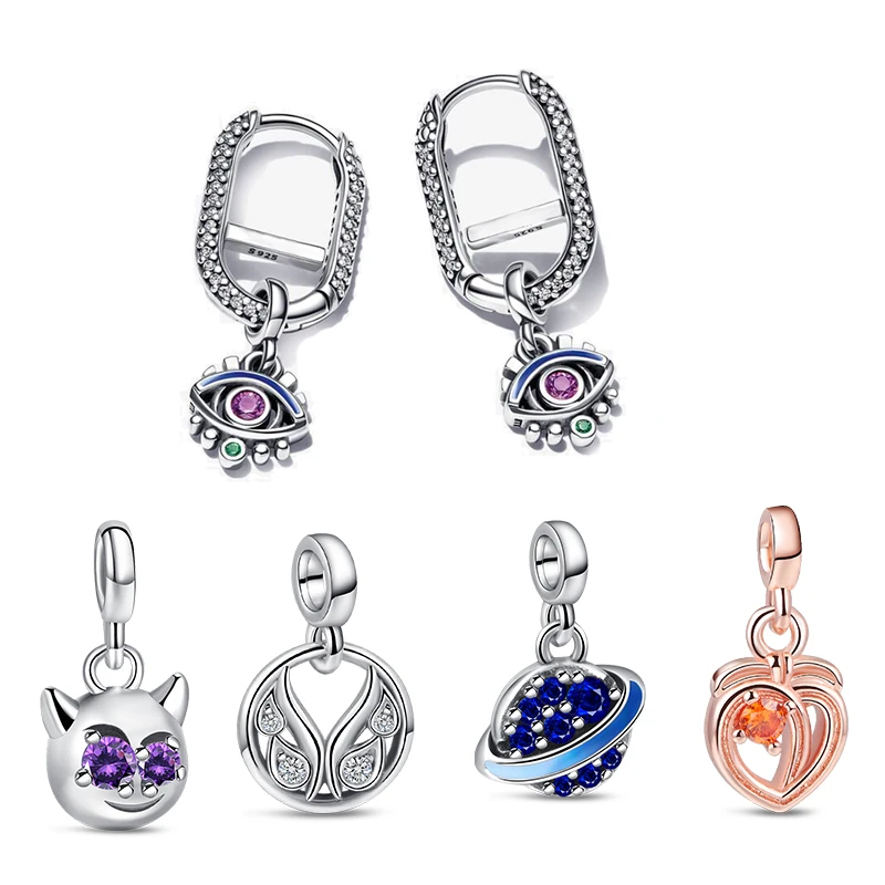 

Original ME Eye Pave Link Earring Set Little Devil Wings Gradient Planet Mini Dangle DIY Charm 925 Silver Earrings Women Jewelry