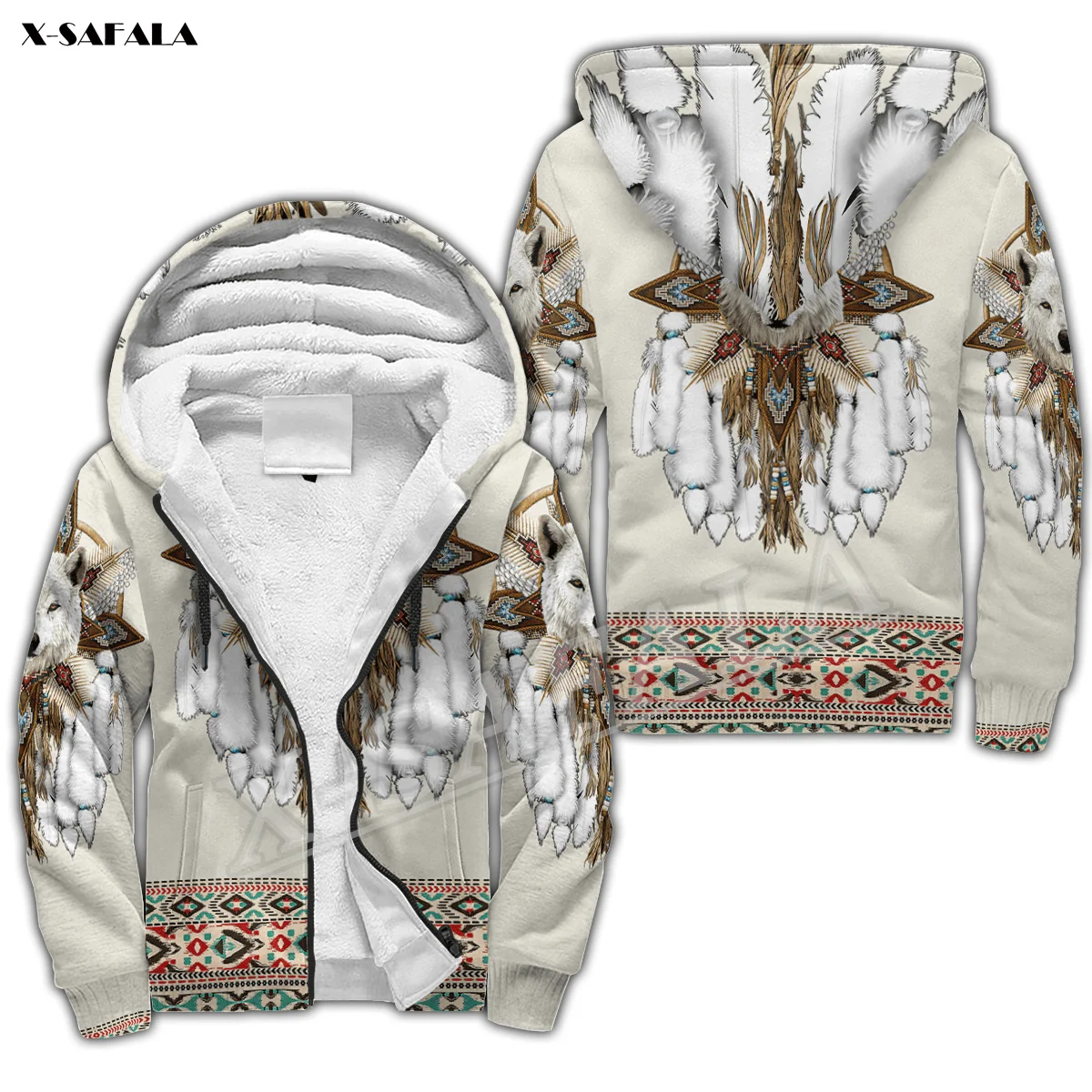 

White Wolf America 3D Print Men Warm Thick Fleece Zipper Hoodie Jacket Windproof Pullover Coat Hooded Outwear US Size Winter