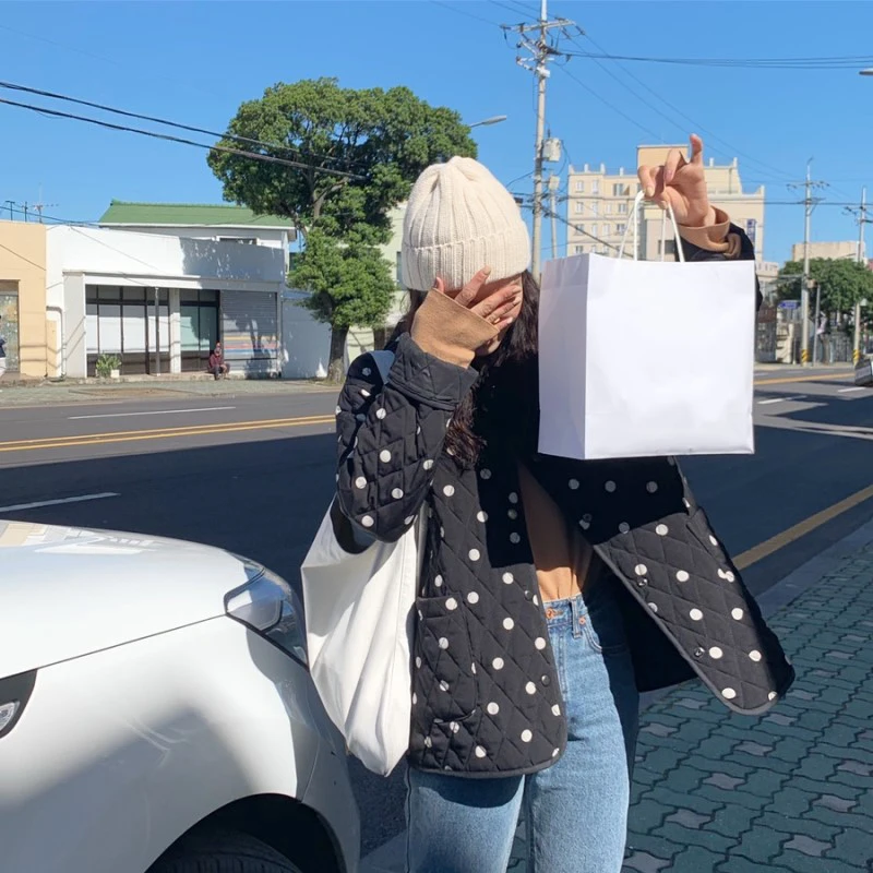 2021 New Winter Polka Dot Thin Coats O-Neck Warm Loose Casual Jackets Women Long Sleeve Outwear Elegant Tops Female Streetwear