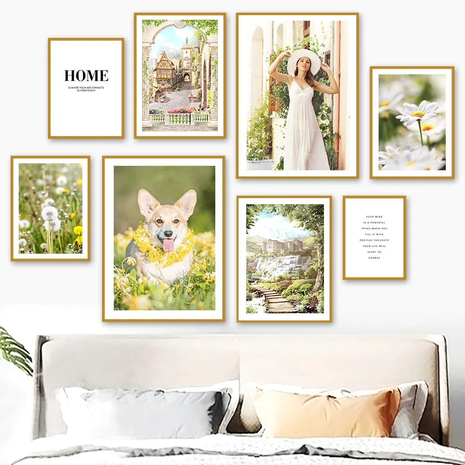 

Italy Town Mountain Fall Flower Girl Dog Nordic Posters And Prints Wall Art Canvas Painting Wall Pictures For Living Room Decor