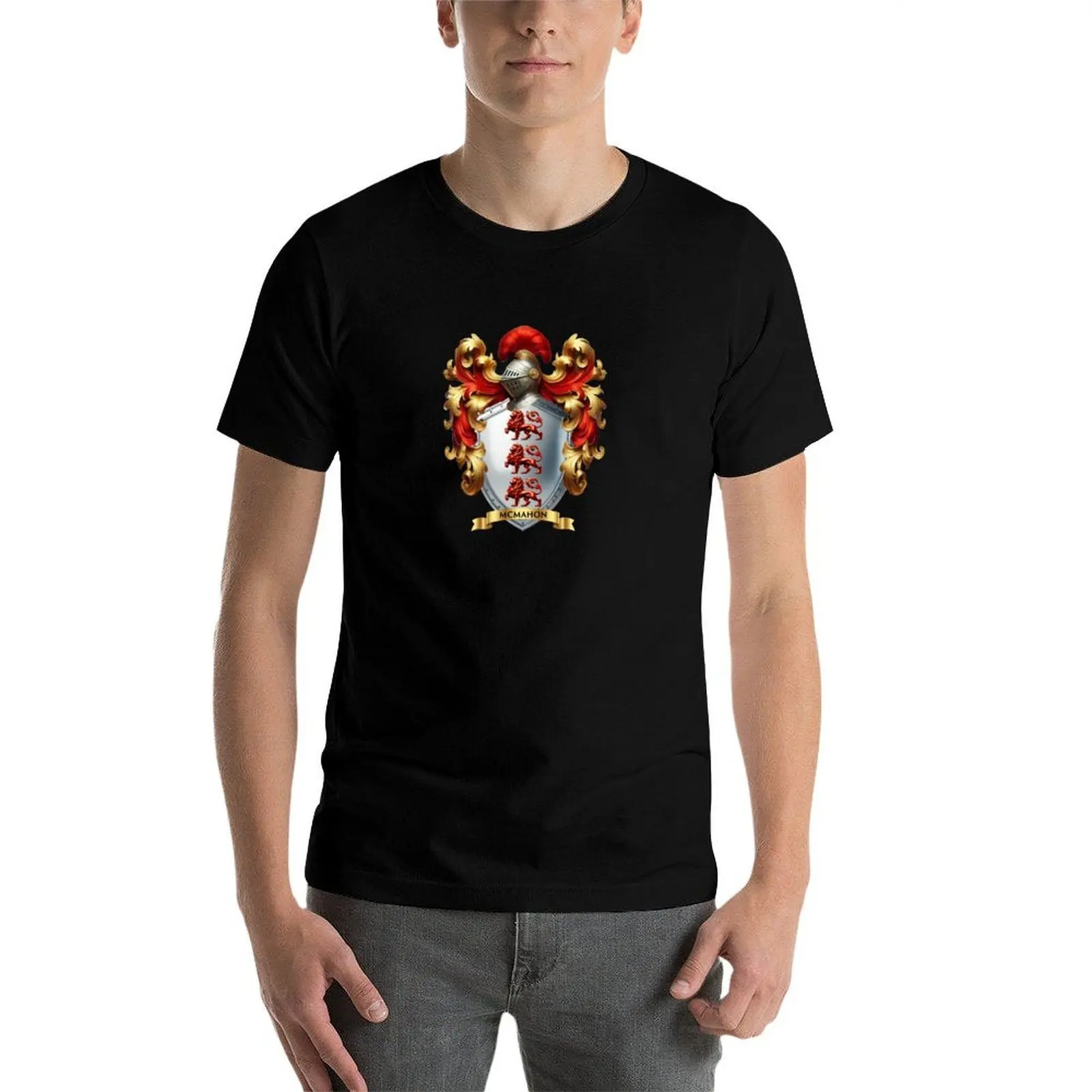 Фото McMahon Family Crest – футболка с тройными красными львами на серебряном щите, одежда в стиле аниме, милая одежда, рубашки, футболка с рисунком для мужчин №4