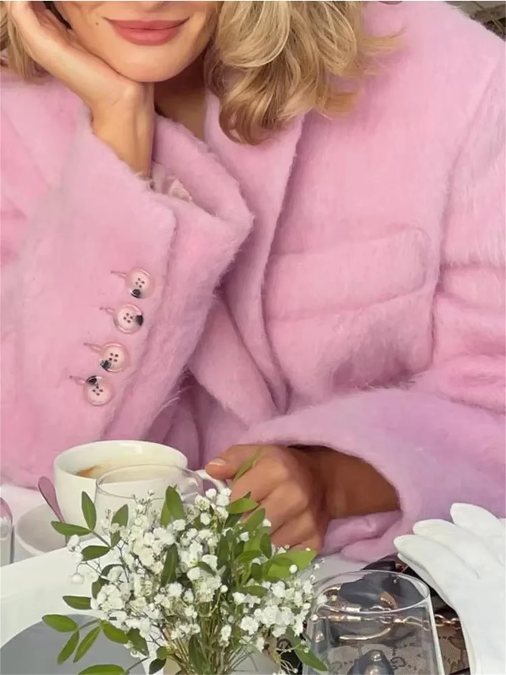 Модный розовый женский пиджак с лацканами и длинными рукавами теплая толстая