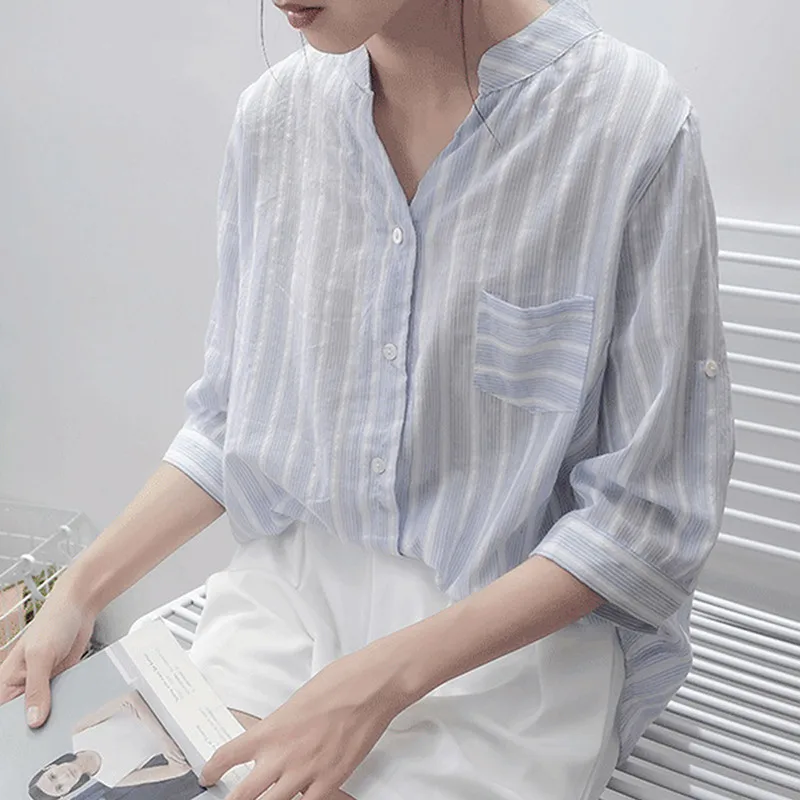 

New Women Shirt Casual Loose Tops Quality Button Pocket Shirts for Femme Fashion Striped Decor Stand Neck Blouses