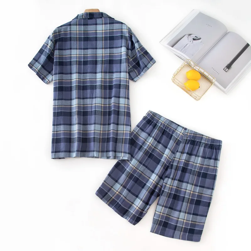 Plaid Pajamas Set Casual Sleepwear For Man Soft Pyjama Men's V-Neck Short Sleeve Shirt Shorts 100% Cotton Fashion Home Big Set