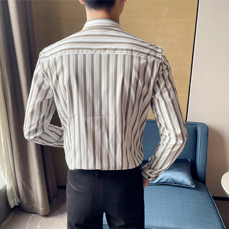 2021 Long Sleeve Men Shirts Spring Striped Casual Business Dress Shirt Camisa Masculina Chemise Homme Slim Social Men Clothing