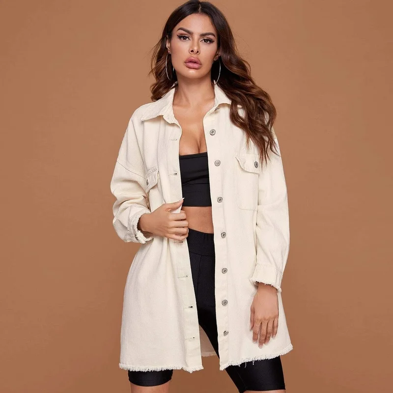 

FTLZZ Spring Autumn Elegant Women Denim Long Jacket Vintage Female Single Breasted Pockets Jacket Casual Loose Solid Coat