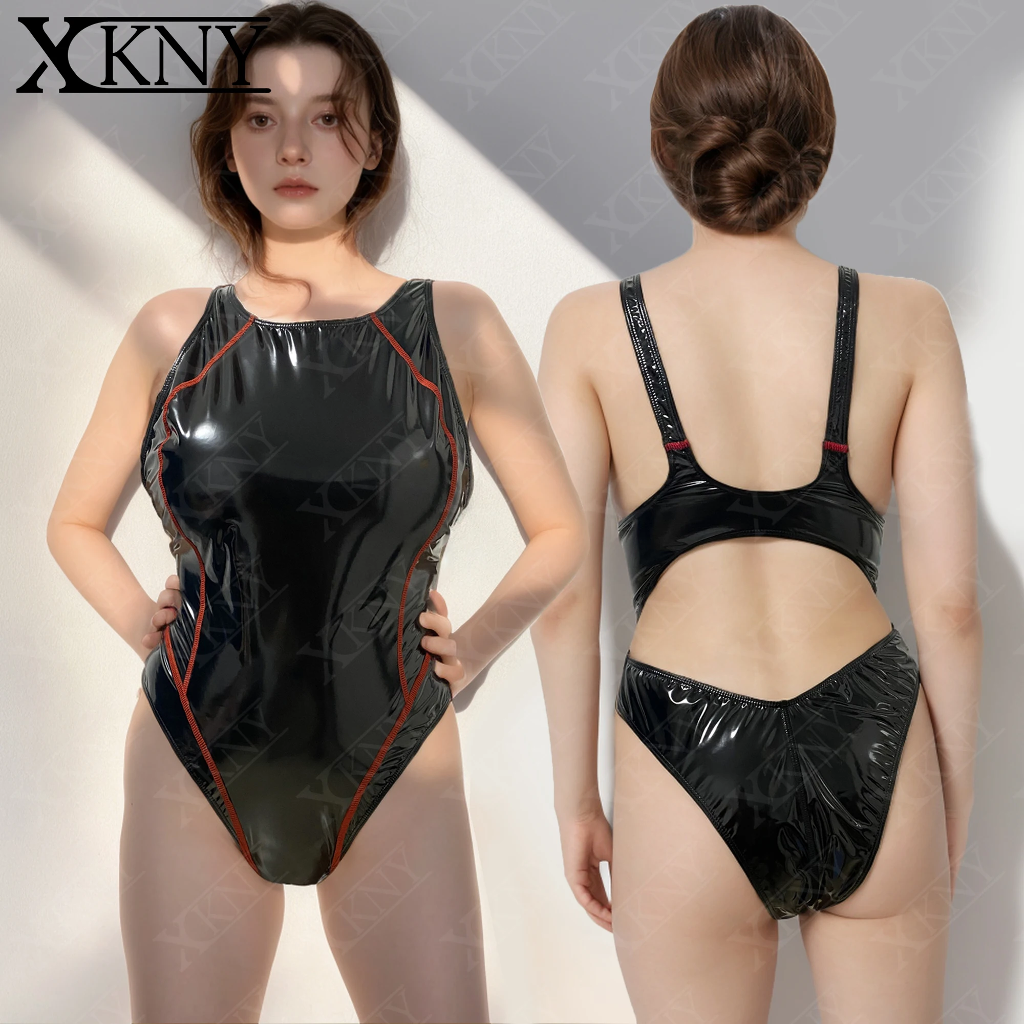 Фото XClocKNYoung черный купальник из искусственной кожи, зеркальный глянцевый купальник с высоким вырезом, цельный купальник для душа с цветными блоками №1