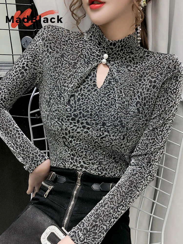 

MadBlack 2023 Spring Summer Elastic Shiny Clothes Houndstooth T-shirt Sexy Hollow Out Women Tops Ropa Mujer Bottoming T31806X