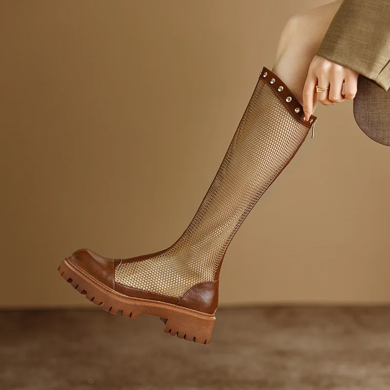 

Thin Knee-length Boots Women's Mesh Thick-soled Cool Boots Spring Summer Hollowed-out Breathable Mesh Boots Modern Boots