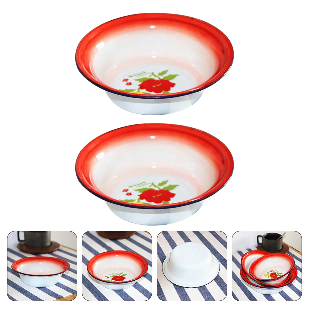 

2Pcs Retro Household Enameled Soup Basins Thick Soup Bowls Creative Enamelware