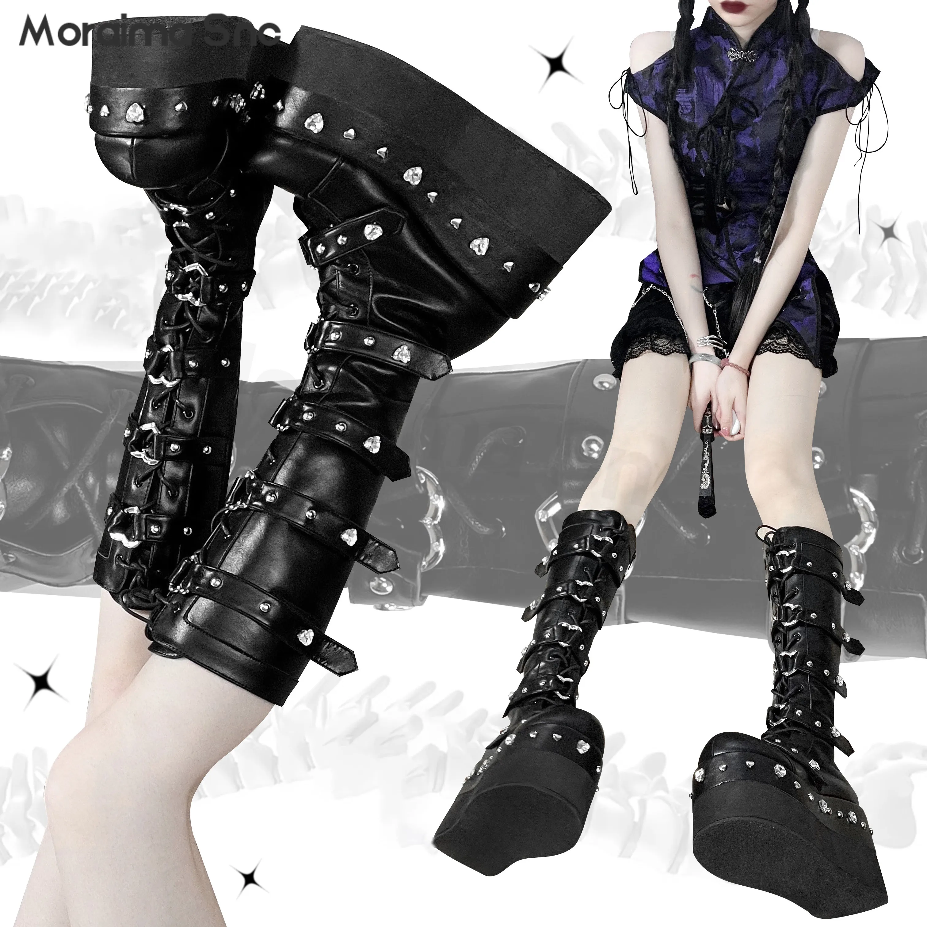 Y2K Love Rhinestone Thick-Soled Mid-Tube Boots Black White Heightened Thick-Soled Round Head Belt Buckle Gothic Women's Boots