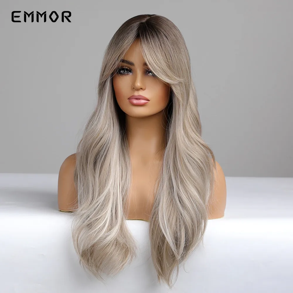 Emmor Synthetic Long Wavy Wigs with Bangs Cosplay Natural Ombre Brown to Ash Brown Hair for Women High Temperature Fiber Wig