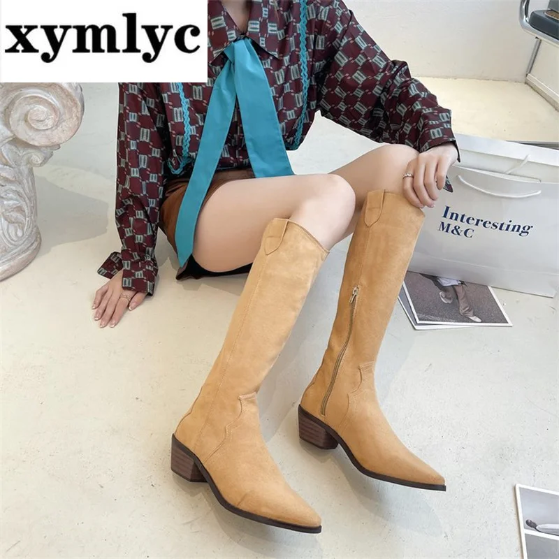 

Elastic knight boots women's high boots suede square toe boots but the knee thick heel is thin long barrel western cowboy boots