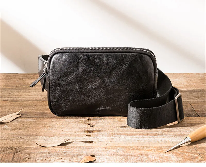 Simple luxury high-quality genuine leather men black chest bag weekend outdoor travel sports real cowhide shoulder crossbody bag