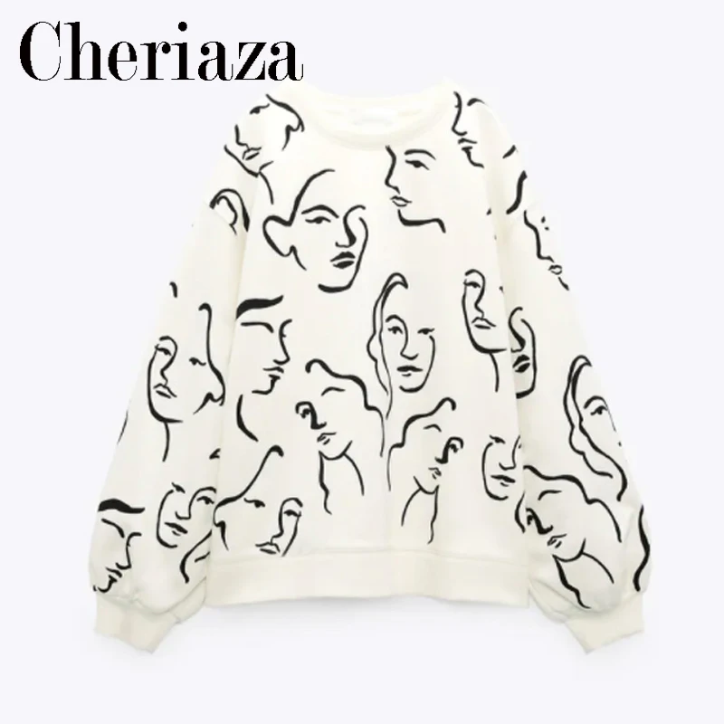 

2022Spring Autumn Women's White Round Neck Abstract Printing Pullover Casual Loose Long Sleeve Sweatshirt Tops Female