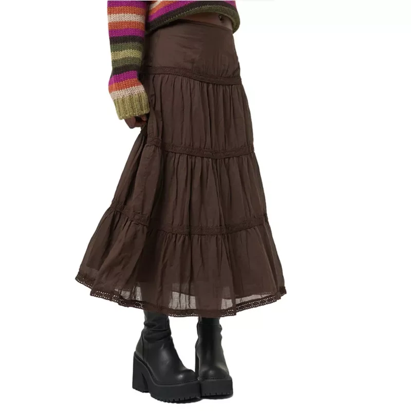 

Женская кружевная плиссированная юбка Y2K, коричневая винтажная длинная юбка с низкой талией, уличная одежда в Корейском стиле, в стиле гранж...