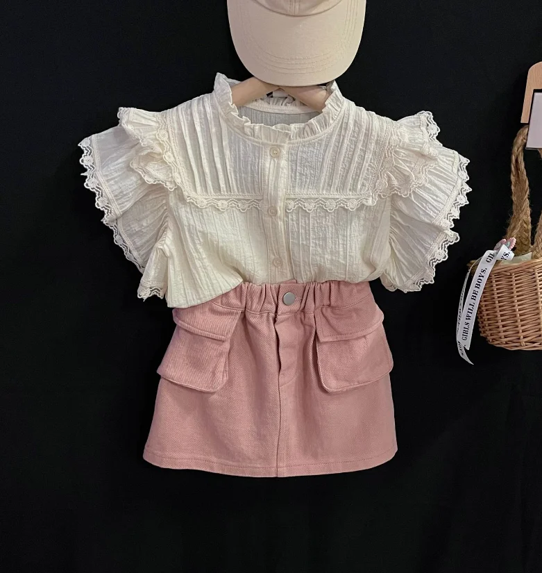 

Retail 2023 New Baby Girls Fashion Summer Sets, White Ruffles Top+ Pink Skirts Princess Sweet Suits 2-7T