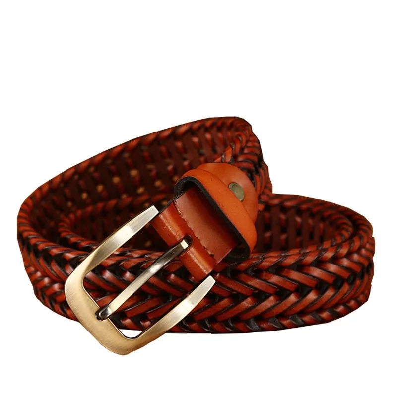 2022 New Design Men Hand Woven Belt Cowhide Leisure Fashion Alloy Buckle Jeans With  Black Coffee Light Brown Color Matching