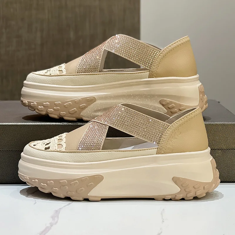 Air Mesh Genuine Leather Rhinestone Design Comfy Sandals Breathable Shoes Chunky Sneakers Spring Summer Platform Wedge Shoes