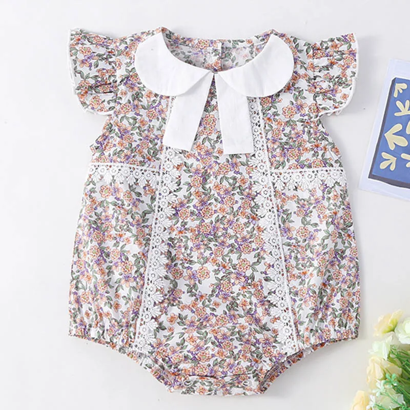 Korean Style 0-2 Yrs Summer Baby Girls Clothes Toddler Baby Girl Romper Flying Sleeve Cotton Printing Infant Baby Girls Jumpsuit
