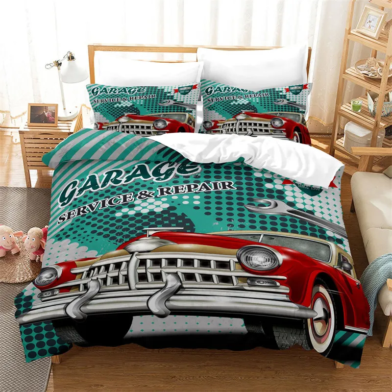 

Retro Car Bedding Set Full Vintage Cars City Buliding Duvet CoverComforter Cover Pillowcases For Kids Boys Teens Bedroom Decor