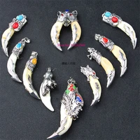 hot selling natural hand carve tibetan silver inlaid bleached real dog teeth necklace pendant fashionjewelry menwomen luck gifts