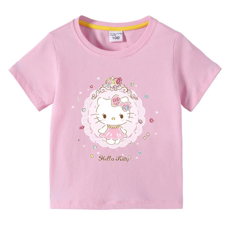 

New Kawaii Sanrio Hellokitty Short Sleeve T-Shirt Children Lovable Cartoon Cotton Birthday Gifts Girlfriend Gifts Toys For Girls