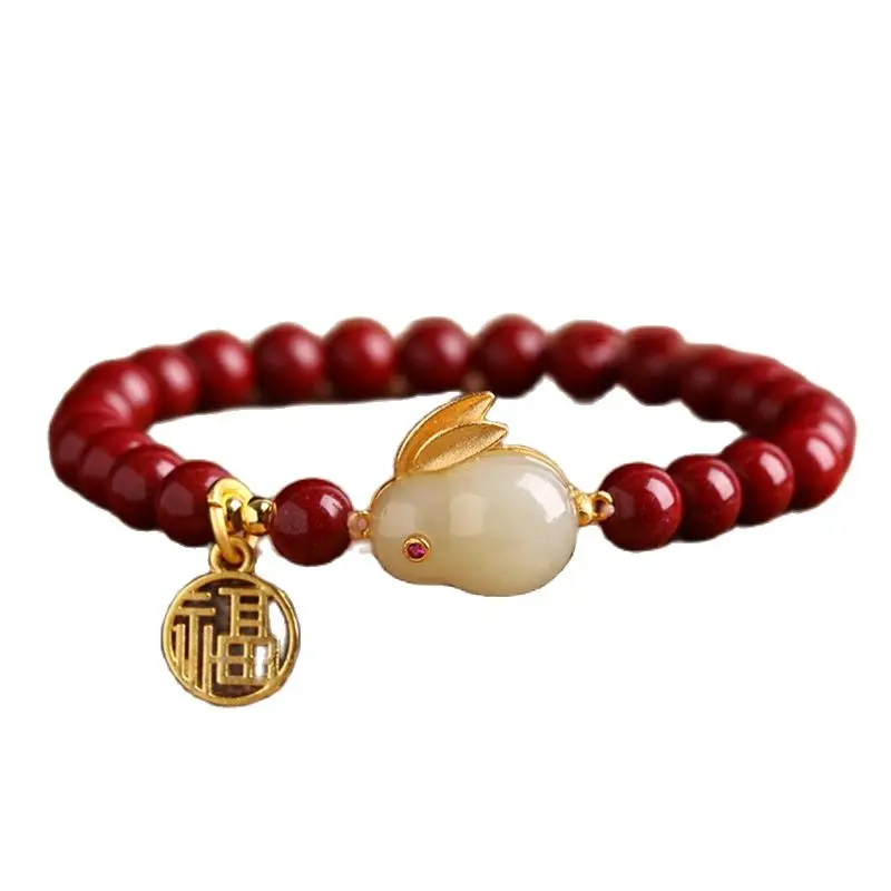 

Vermilion Jade Rabbit Bracelet Female S925 Silver and Tian Jade Zodiac Rabbit Fu Brand Transfer Hand String Ornaments Gift