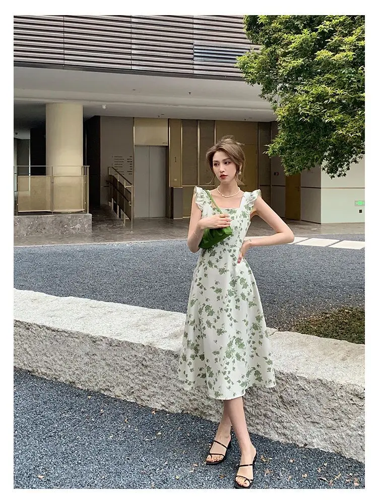 

Waist Floral Mixi Green Midi Dress Summer Female Sweet Birthday Japanese Korean Type Dresses Clothes for Women Vestidos 2023 New