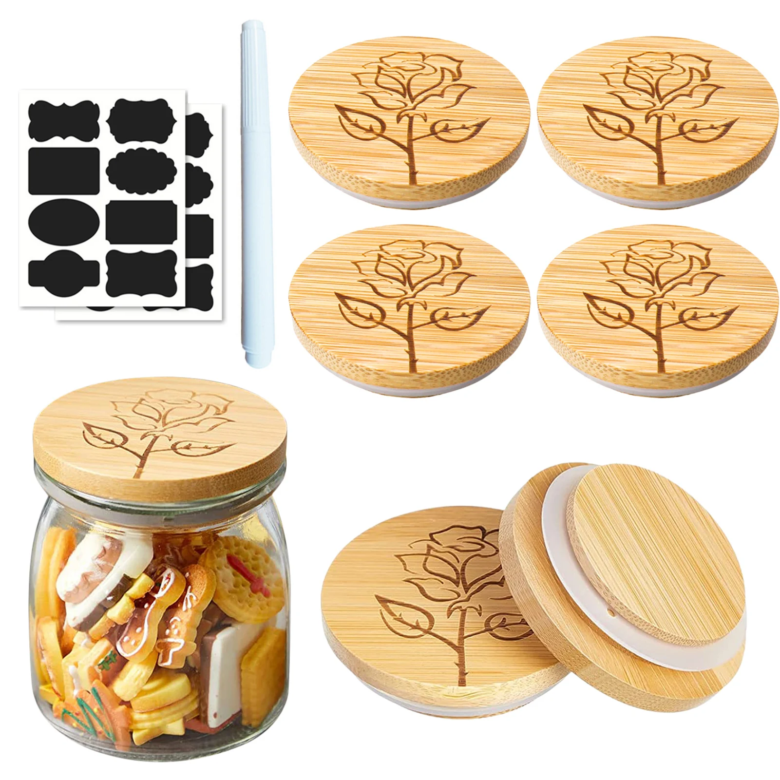 

6/9pcs Yogurt Jar Lids Set Rose Pattern Bamboo Lids Glass Storage Lids With Silicone Sealing Circles And Labels 48mm/1.89in