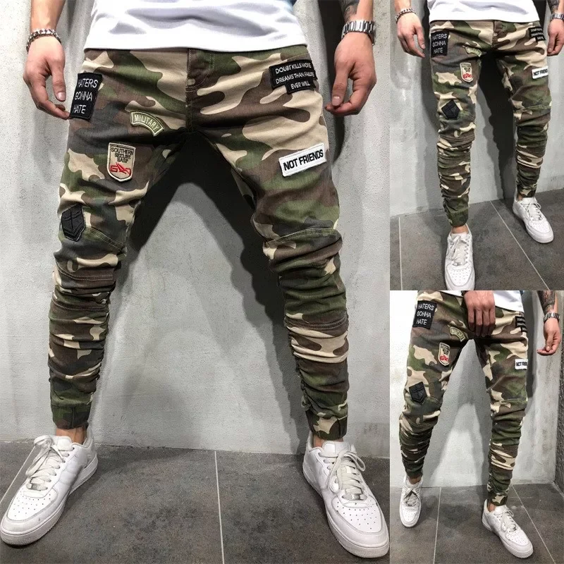 

Fashion Men Jeans Camouflage Military Army Denim Trousers Slim badge Cargo Pencil Pants Man Hip Hop Biker Joggers Hombre