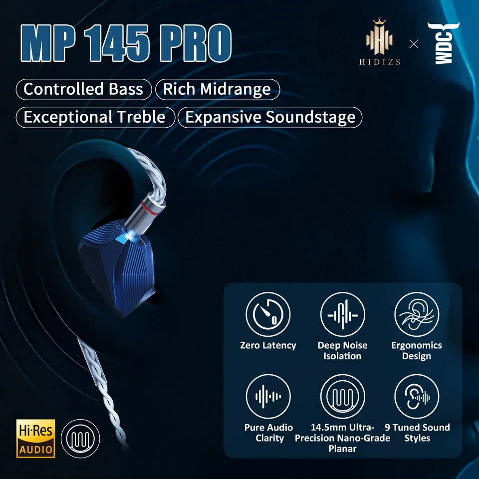 Фото Предзаказные Hi-Fi наушники-мониторы HIDIZS MP145 PRO с 14,5-мм ультраточным планарным магнитным драйвером нано-класса, внутриканальные, Hi-Res Audio №3