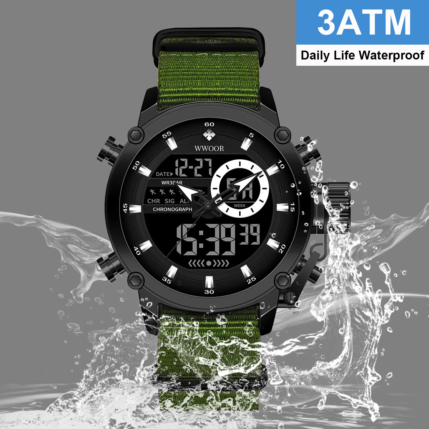 Fashion Wwoor Top Brand Military Sports Men's Nylon Digital Quartz Wrist Watches Waterproof Dual Display Clock Relogio Masculino