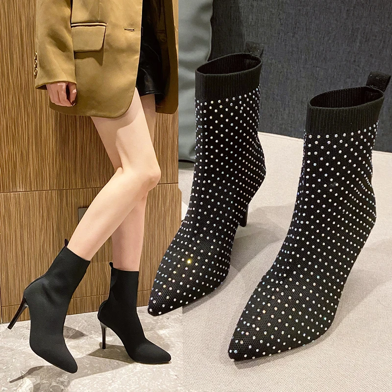 

Boots Woman Winter 2022 Rhinestone High Heels Black Shoes Women's Mid Calf Elegant Footwear Social Sexy Booties Free Shipping
