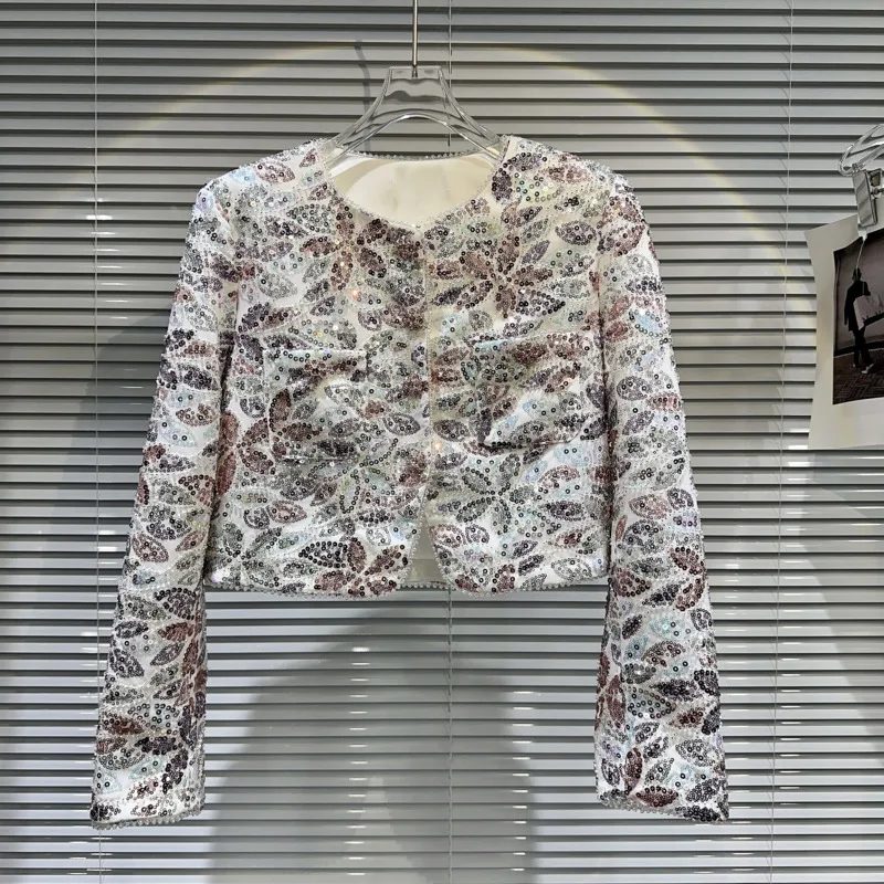 

BORVEMAYS Patchwork Sequins Coat High Quality Autumn New O Neck Long Sleeeve Pockets Temperament 2023 Trend Jacket WZ5556