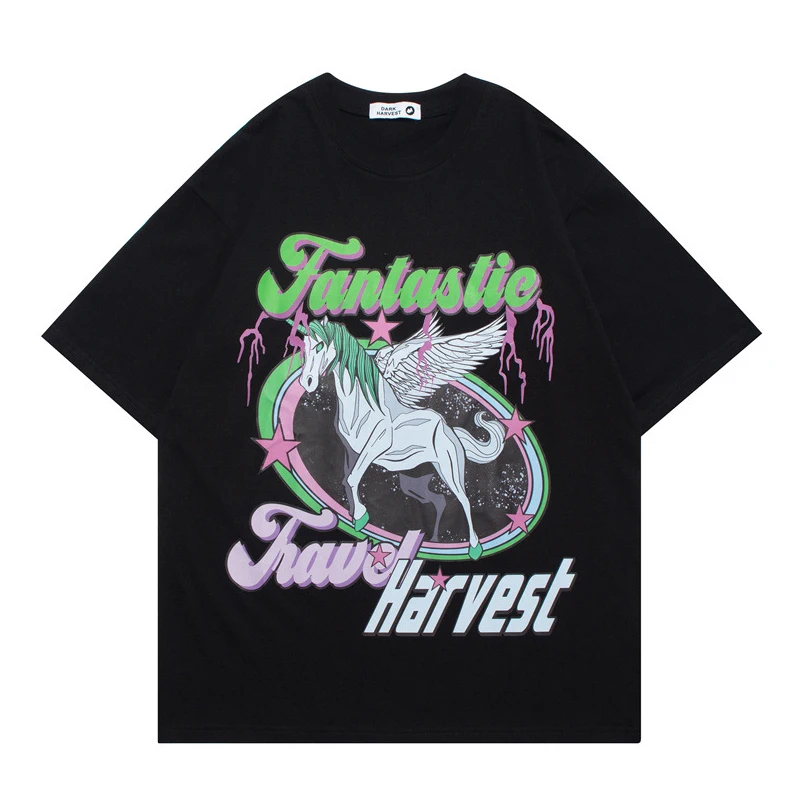 

Oversize Hip Hop T Shirt Men 2022 Streetwear Harajuku Flying White Horse Print Tshirt Short Sleeve Cotton Casual T-Shirt Black