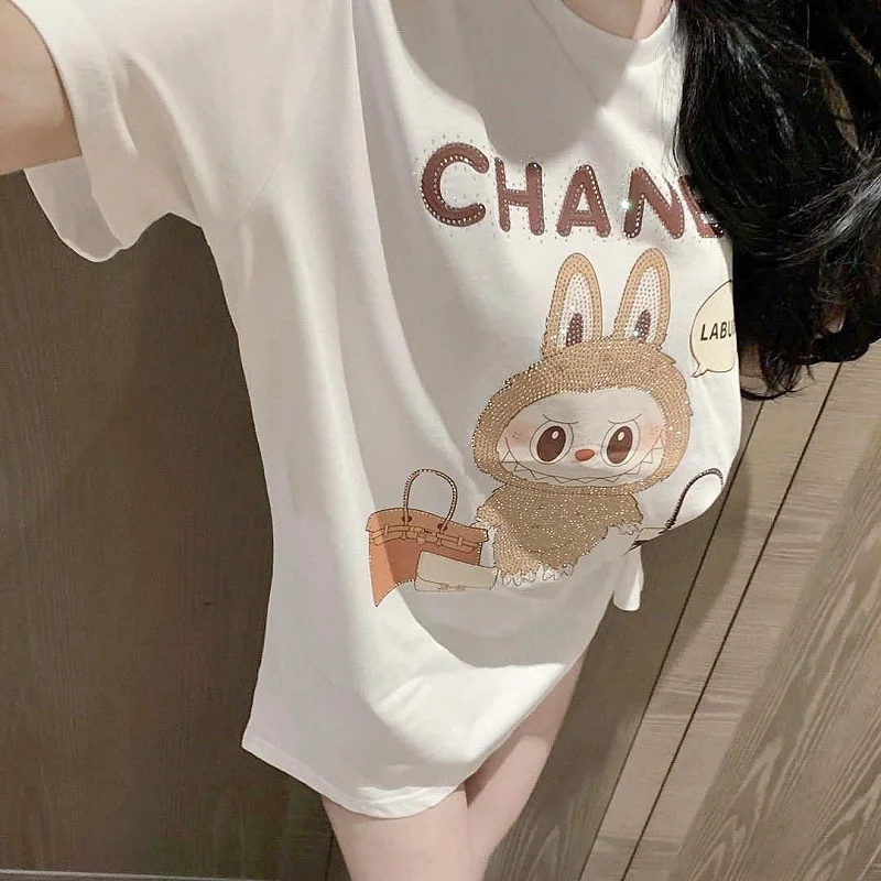 Новая футболка Labubu с большим горячим бриллиантом ленивый ветер коротким рукавом
