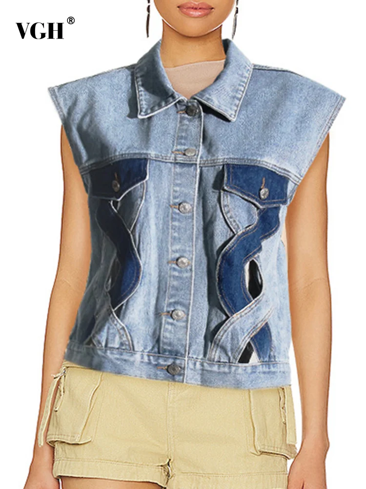 

VGH Hollow Out Hit Color Crisscross Denim Waistcoat For Women Lapel Sleeveless Spliced Single Breasted Casual Vest Jacket Female