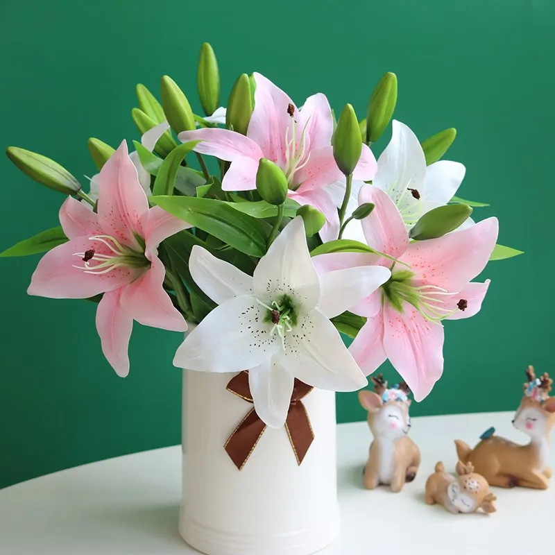 

5 шт., 38 см, белые Искусственные цветы лилии, вечерние свадебные букет невесты, искусственные растения для гостиной, украшения для дома, сада, настоящее прикосновение