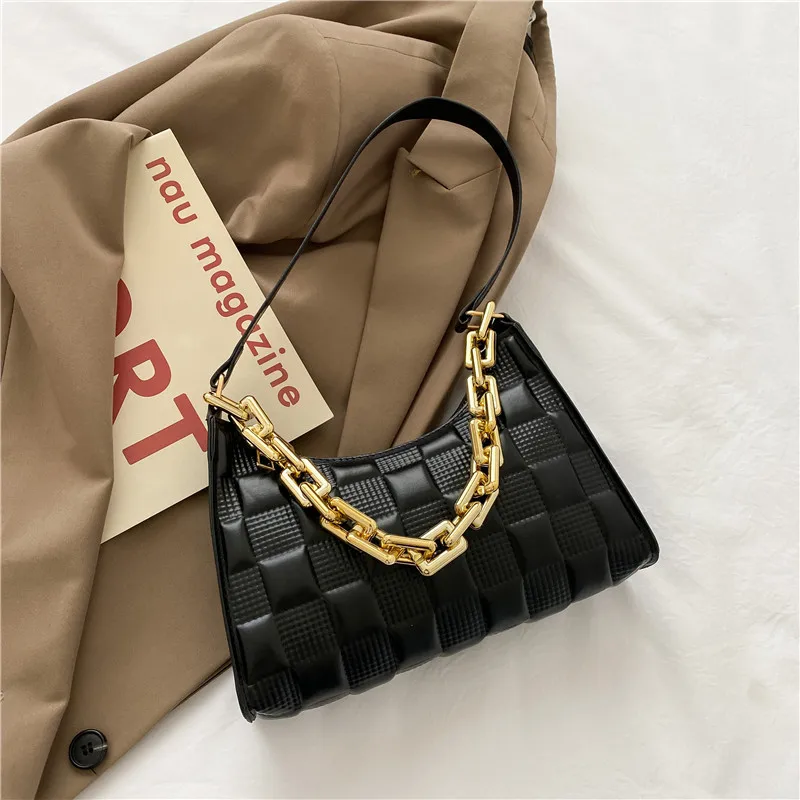 

Shoulder Underarm Bags Vintage PU Leather Solid Color Casual For Women Fashion Thick Chain Ladies Simple Small Shoulder Handbags