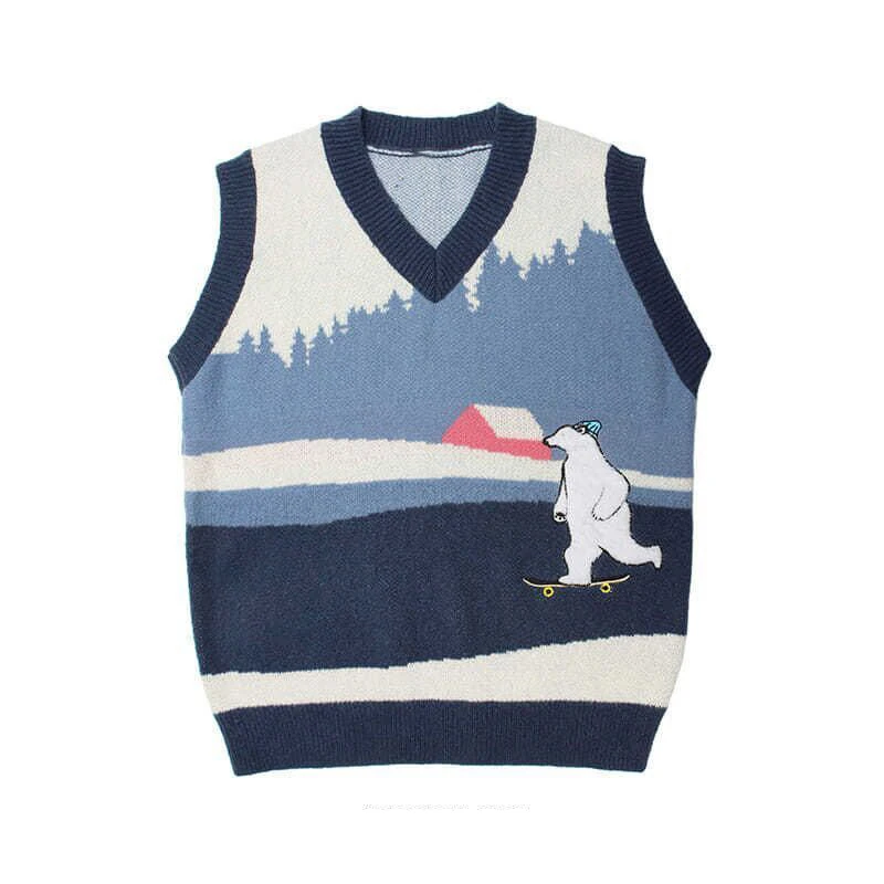 Sweater Vest Men Women Bear Embroidered Crop Top Knitted Sleeveless Vest Hip Hop Couple Pullovers Harajuku Oversized Streetwear