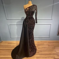 glitter mermaid evening dress long sleeve one shoulder black sequin prom dresses sweep train sexy celebrity gown