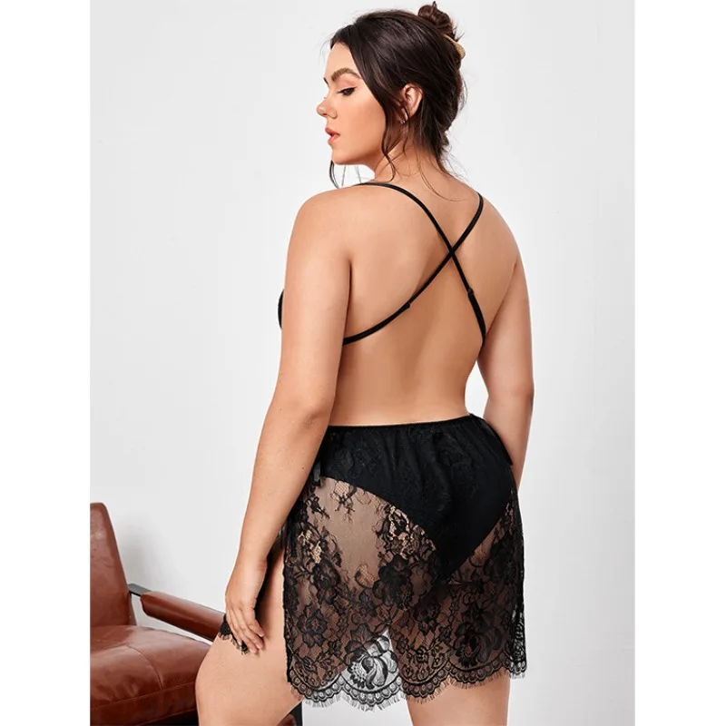 

Plus Size Sexy Lingerie Suspender Skirt Side Slit Nightdress with Thong Full Lace See Through Pajamas Cross Strap Backless Dress