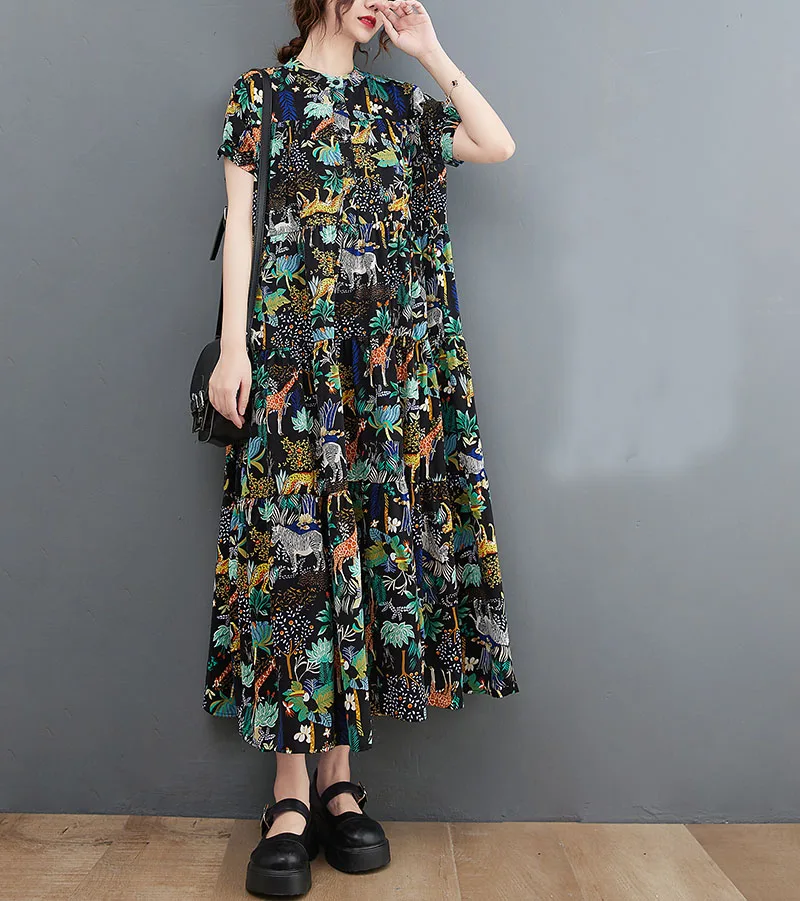 

2023 Summer Loose Vintage Floral Woman Dress Vestidos Mujer Fashion Print Short Sleeve Maxi Long Shirt Dresses For Women