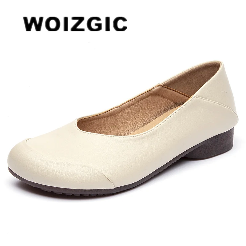 

WOIZGIC Women Mother Female Ladies Genuine Leather Shoes Flats Loafers Non Slip On Retro Ballerina National Moccasins Round Toe