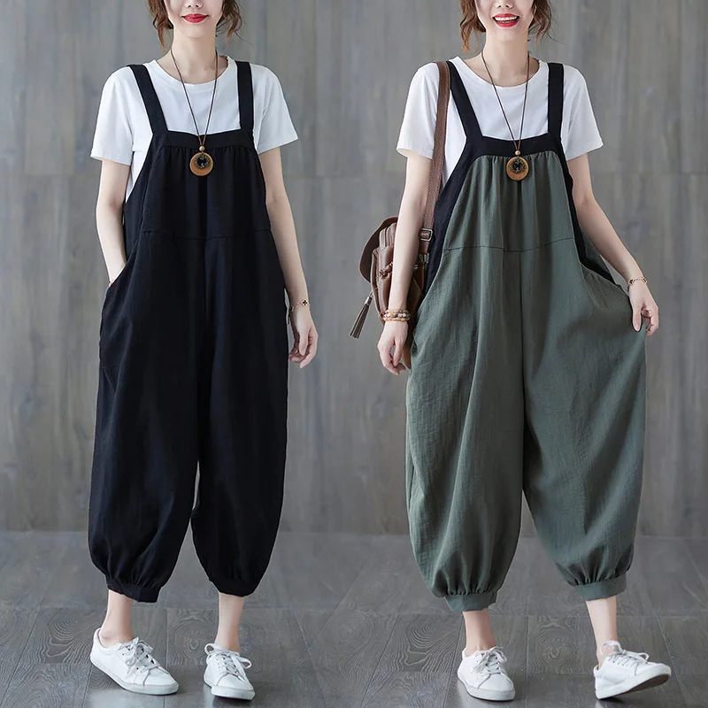 

Fashion Casual Loose Sleeveless Jumpsuit Women Summer Solid Color Strap Pants Female Pocket Splicing Suspender Straight Trousers